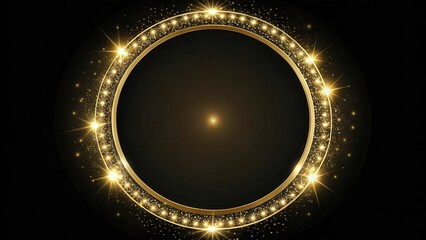 A gold sparkle light circle frame set against a dark and sleek black background, highlighting its ornate details and luxurious feel in a sophisticated setting , frame, light