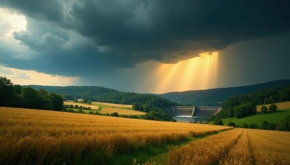 Obraz premium Golden farmland, ominous rain clouds gathering, dark contrast against sunlit dam, peaceful, rain