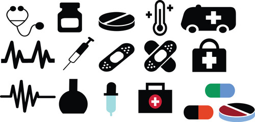 Black line vector icon set of medical equipment including pills, syringe, medicine bottle, medicine bag etc.