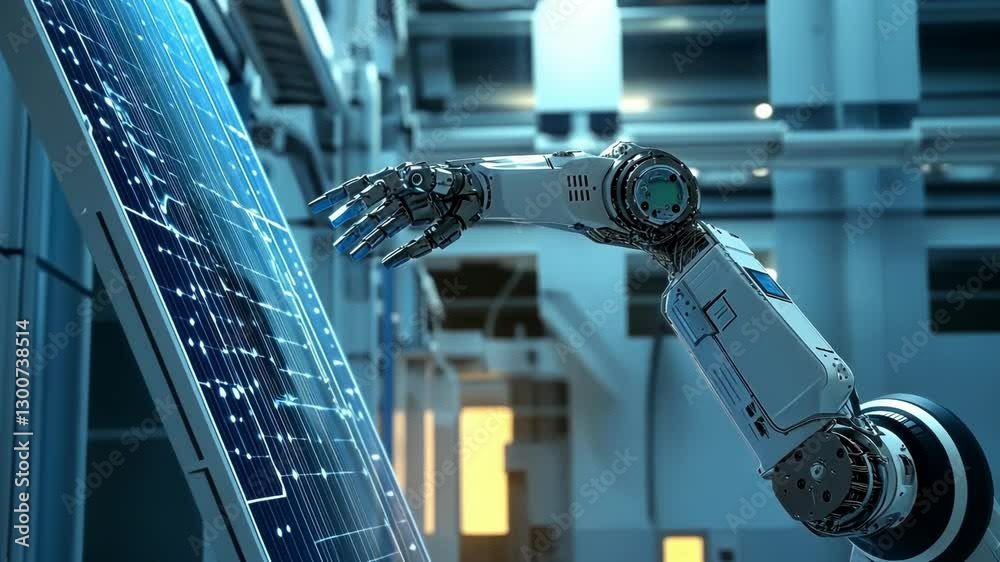Poster advanced robotic arm engaging with a digital touchscreen interface in a futuristic laboratory settin