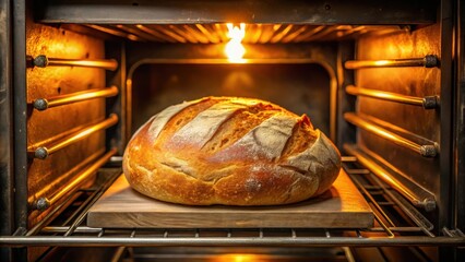 Freshly baked loaf in oven , warm bread, baking process,  warm bread