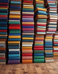 Colorful stack of books with varied sizes and colors arranged neatly on a wooden table,  study,  bookshelf