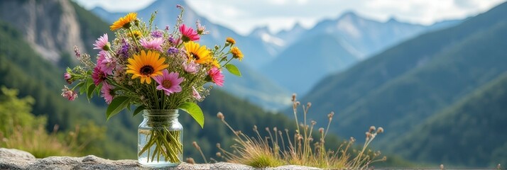 Colorful wildflower bouquet in glass jar with majestic mountain range background