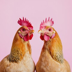 Fototapeta premium Chickens with vibrant feathers facing each other