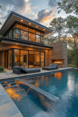 Obraz premium Photographie immobilière extérieure d’une terrasse avec piscine de maison moderne contemporaine avec coin salon et brasero. rendu 3D, HDR, idées déco et aménagement tendance.