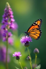 Obraz premium Monarch butterfly nectaring on vibrant purple wildflowers , illustration, insect