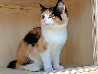 Naklejka premium A beautiful calico cat sits inside a wooden structure
