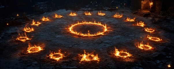 A mystical circle of flames illuminates a dark, enchanting setting, creating an atmosphere of magic and mystery.