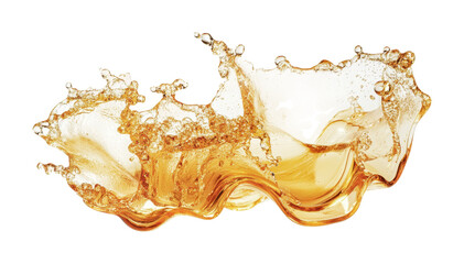 Dynamic splash of golden liquid creating waves against a white background for creative design purposes, cut out
