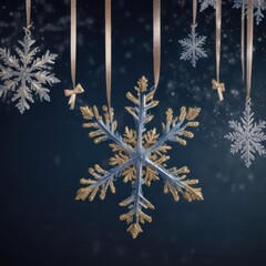 Hanging snowflakes with glitter and ribbons on a dark blue background, glitter,  holiday,  decorations