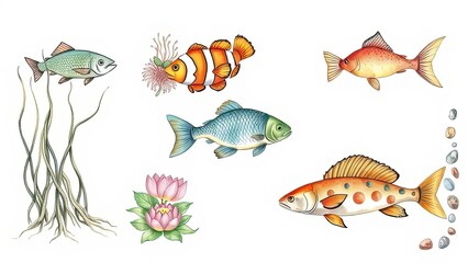 Fototapeta premium Colorful Fish Aquatic Plants and Flowers Illustration