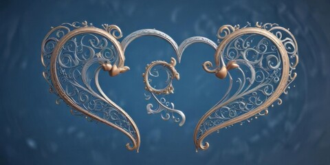 Hearts with intricate swirls and curves set against a gradient blue background,  swirling curves,  unique heart designs, swirling hearts