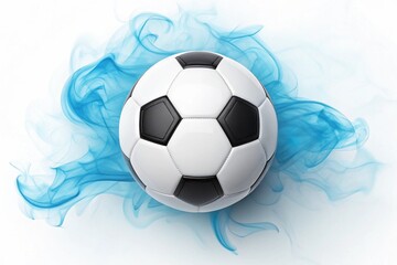 Obraz premium dramatic 3d soccer ball with blue smoke on white background for dynamic sports visuals