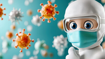 cartoon character in protective gear gives thumbs up, surrounded by virus particles, symbolizing safety and health awareness