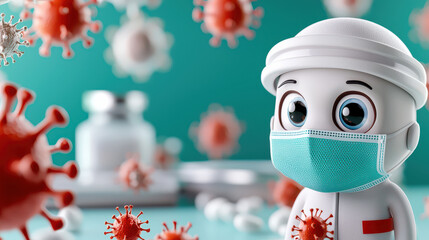 cute cartoon character wearing mask is surrounded by floating virus particles, symbolizing health and safety measures. character large eyes and protective gear emphasize importance of precautions