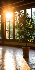 A sunlit room features a potted plant, casting gentle shadows across the warm wooden floor, with large windows revealing a vibrant outdoor scene.