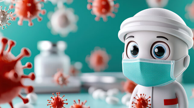 cute cartoon character wearing mask is surrounded by floating virus particles, symbolizing health and safety measures. character large eyes and protective gear emphasize importance of precautions - Powered by Adobe