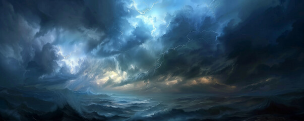 Naklejka premium Dramatic stormy sky over turbulent ocean waves.