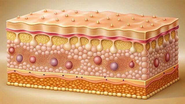 Detailed illustration of skin layers with cells on a beige background, showcasing individual cell structures and intercellular spaces, microscopic, beige background