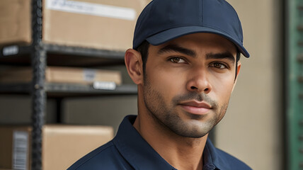 Confident Logistics Professional: A focused, well-groomed man in a cap, possibly a logistics worker or delivery person, stands amidst a warehouse backdrop, exuding competence and reliability.