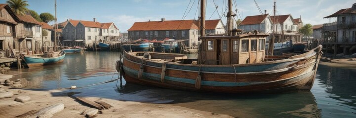 Obraz premium Distressed wooden fishing boat docked in a vintage seaside harbor, vintage nautical labels, seaside architecture