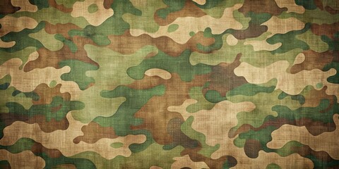 Fototapeta premium Vintage-style camo pattern featuring muted greens and browns with subtle texture resembling worn canvas , canvas, green