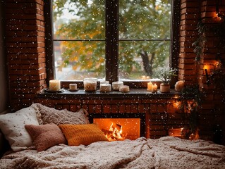 A cozy indoor window seat with fireplace during a snowfall