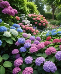 Hydrangea blooms in garden amidst lush greenery and colorful flowers, hydrangea,  floral,  flowers