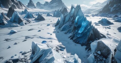 Icy glacier surface with intricate blue crystal formations,  blue ice texture,  glacial landscape