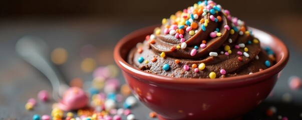 Obraz premium Rich cocoa pudding topped with rainbow sprinkles , dessert topping, sprinkles