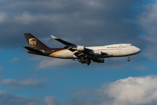 COLOGNE, GERMANY - 19 April 2020:A Boeing 747 from UPS shortly before landing at CGN