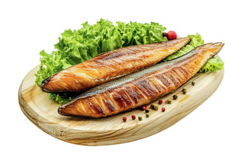 Grilled fish served on a wooden platter with fresh lettuce and colorful peppercorns for a delightful meal presentation, cut out