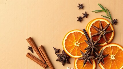 Fototapeta premium Festive Orange Slices Cinnamon Star Anise Winter Spices Background