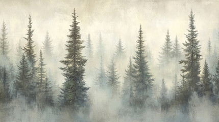 Fototapeta premium Calm and Misty Forest Scene with Layers of Soft, Hazy Trees Fading into the Distance, Creating a Serene and Atmospheric Mood.