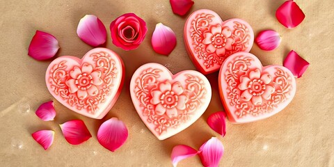 Fototapeta premium Romantic Heart Shaped Soaps with Rose Petals Valentine s Day Gift