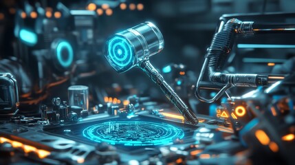 Futuristic silver hammer radiating with neon energy in a high-tech workshop