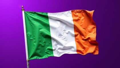Fototapeta premium St. Patrick’s Day celebration with an Irish flag waving gracefully against a purple background, copy space
