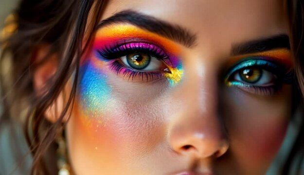 Mujer guapa maquillada con colores vivos y brillantes para carnaval