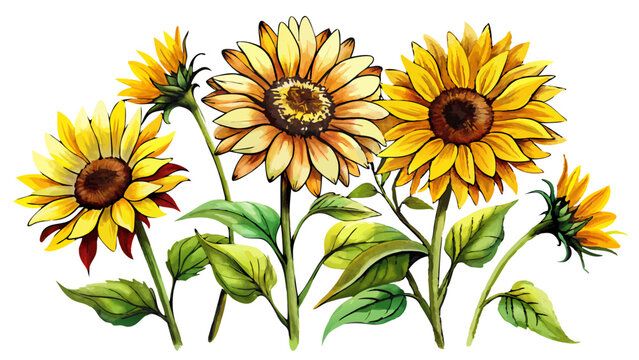 Wild Sunflowers Watercolor Illustration Set on White or Transparent Background. Perfect for: Harvest Festivals, Summer Events, Thanksgiving