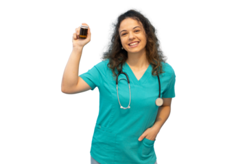 Smiling doctor showing medicine bottle on transparent background