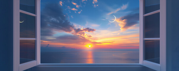 Open window revealing a stunning sunset over the ocean.
