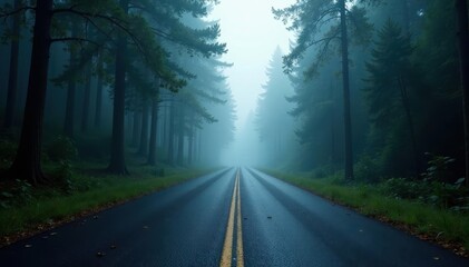 Fototapeta premium Empty asphalt road disappears into dark foggy forest , background, nature, gloomy
