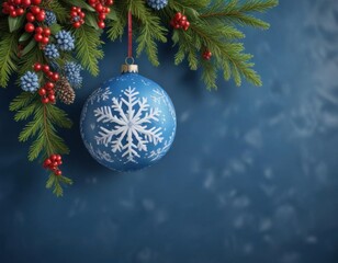 Hanging blue background with Christmas greeting ornament, snowflakes, and berries,  merry christmas,  xmas decor,  snowy scene