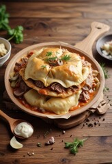 Heaped maultaschen filled with meat and onions on a wooden table ,  swabian cuisine,  German,  #maultaschen