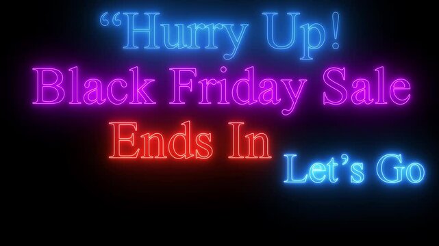 Vibrant neon text animation displaying a discount countdown message. ideal for seles promotions, balck feiday , and holiday affers.4k video