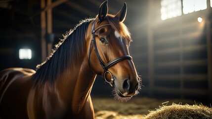 Fototapeta premium Majestic brown horse standing in a rustic barn with warm, soft lighting during the late afternoon