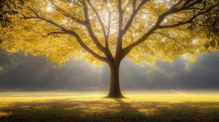 Golden autumn tree in a park, sun rays through leaves.