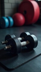 Pair of dumbbells on rubber gym mat near various weights , steel, weight training