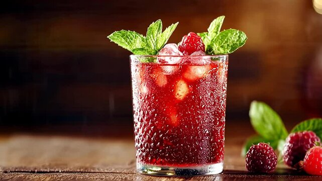 Refreshing raspberry mint cocktail on a wooden table