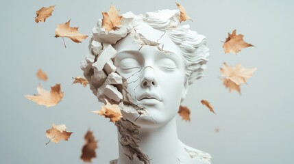 Elegant bust sculpture with autumn leaves amid cracked surface in a minimalist setting